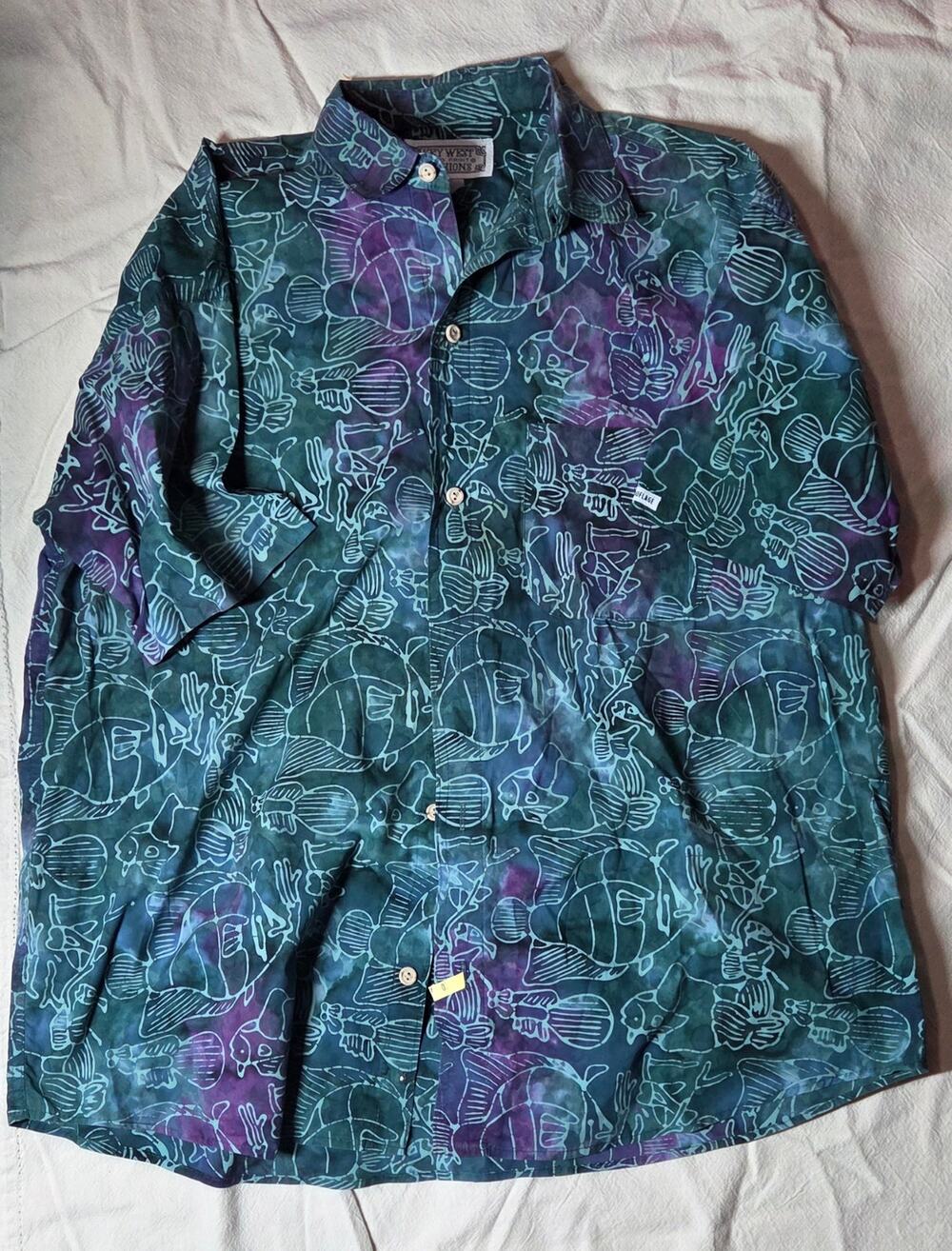 Vintage 70s Key West Camouflage Sea Turtle Hawaiian Shirt Hand Print  XL